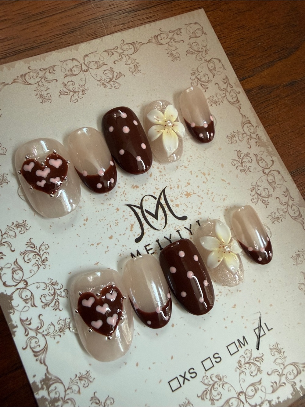 Handmade Nude & Chocolate Brown Floral Heart Press-On Nails 3D